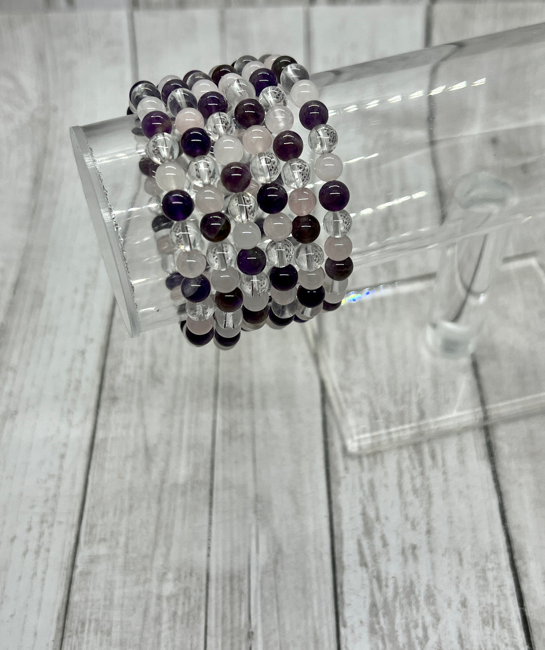 Amethyst, Rose Quartz & Clear Quartz Bracelet 6mm